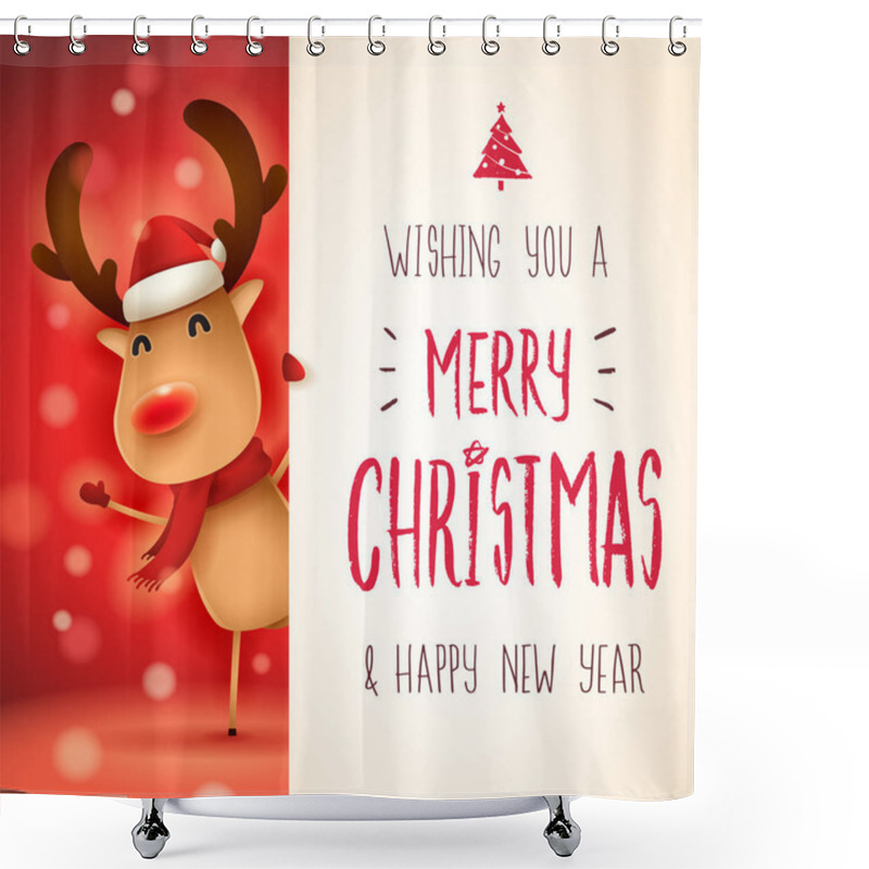 Personality  The Red-nosed Reindeer With Big Signboard. Merry Christmas Calligraphy Lettering Design. Creative Typography For Holiday Greeting. Shower Curtains