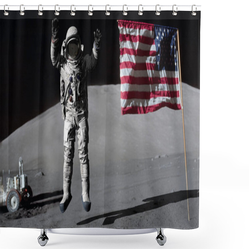 Personality  3D Rendering. Astronaut Jumping On The Moon And Saluting The American Flag. CG Animation. Elements Of This Image Furnished By NASA. Shower Curtains