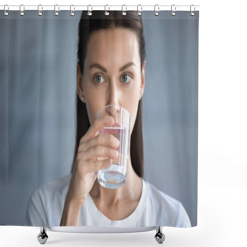 Personality  Head Shot Beautiful Woman Drinking Clean Mineral Water, Holding Glass Shower Curtains