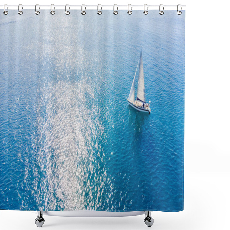 Personality  Drone Aerial View Of A Sailing Boat On A Blue Ocean Sea Waters. Shower Curtains