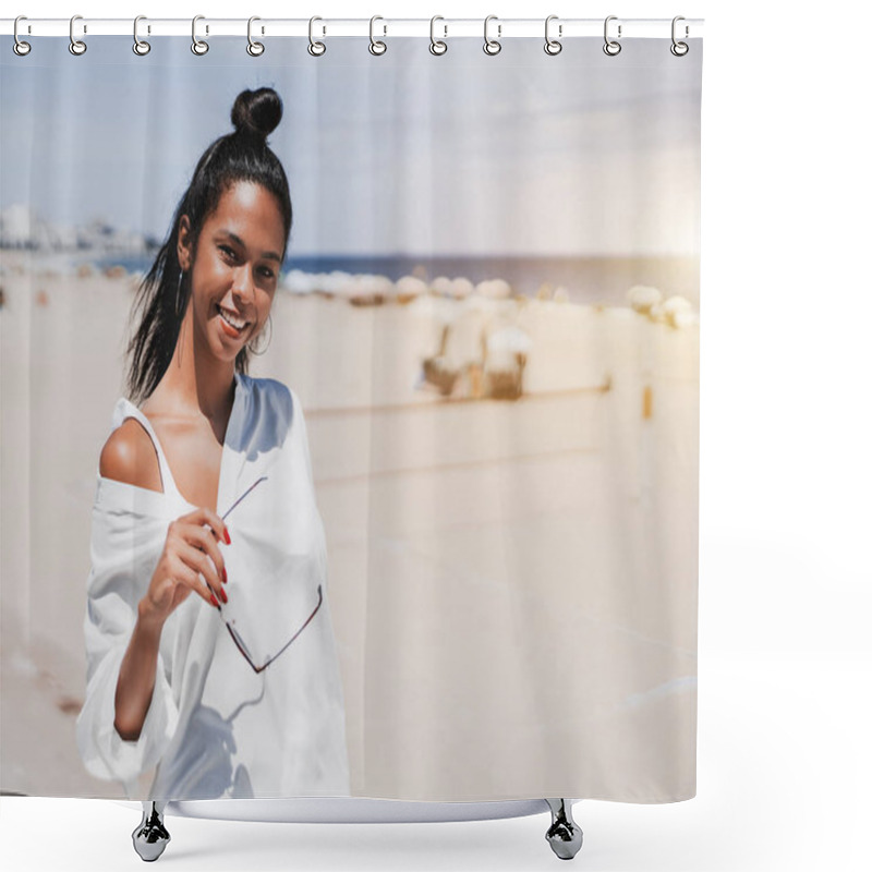 Personality  Black Young Female With Sunglasses On The Beach Shower Curtains