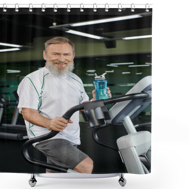 Personality  Senior And Bearded Man Holding Sports Bottle With Water And Looking At Camera, Sport, Gym, Smile Shower Curtains