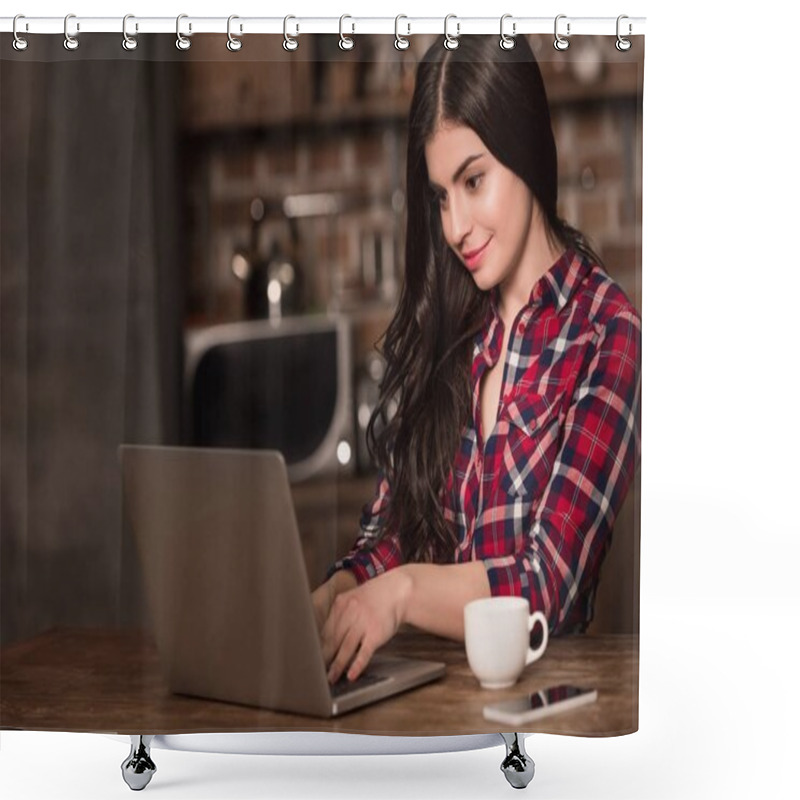 Personality  Girl With Laptop, Smartphone And Coffee Shower Curtains