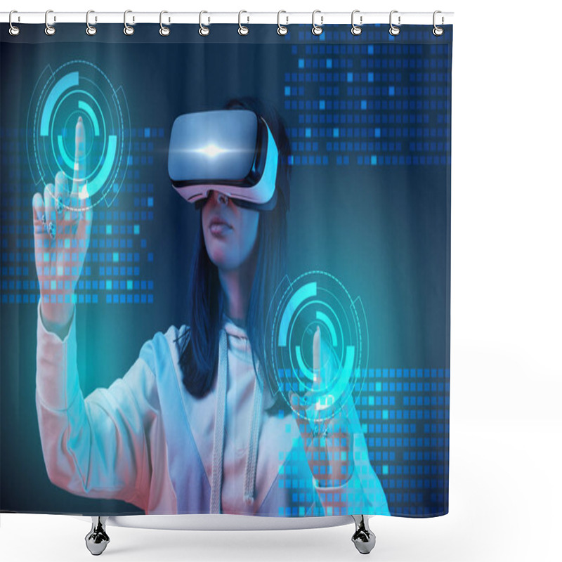 Personality  Young Woman In Vr Headset Pointing With Fingers At Glowing Cyber Illustration On Dark Background Shower Curtains