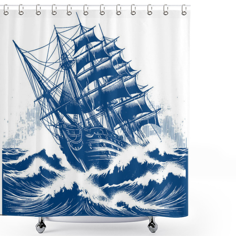 Personality  A Large Ancient Sailing Ship Sails In A Stormy Sea Vector Engraving Drawing Shower Curtains