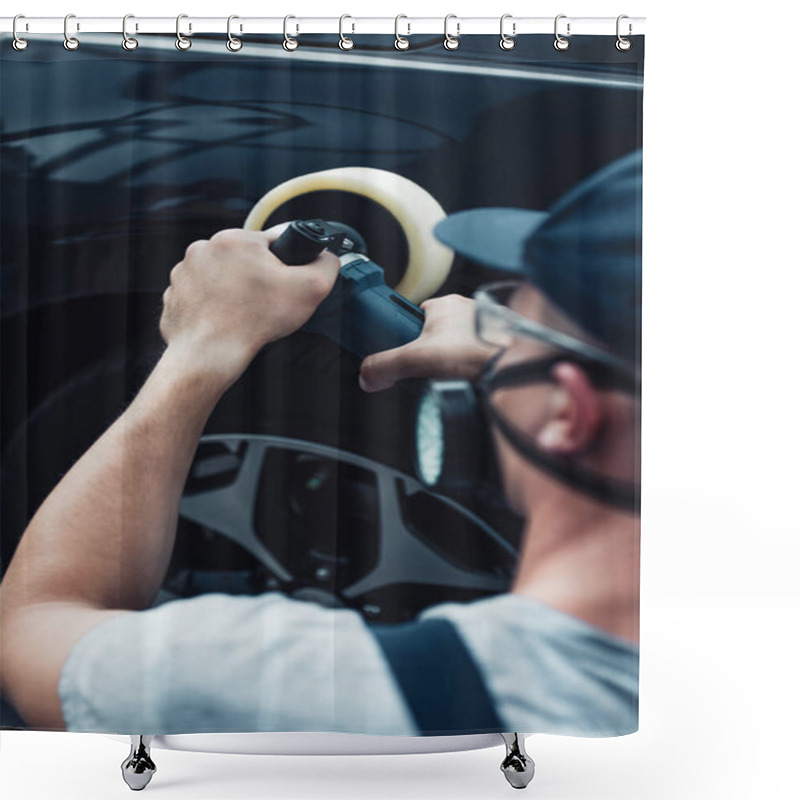 Personality  Selective Focus Of Car Cleaner In Protective Mask Polishing Car With Buffer Machine Shower Curtains