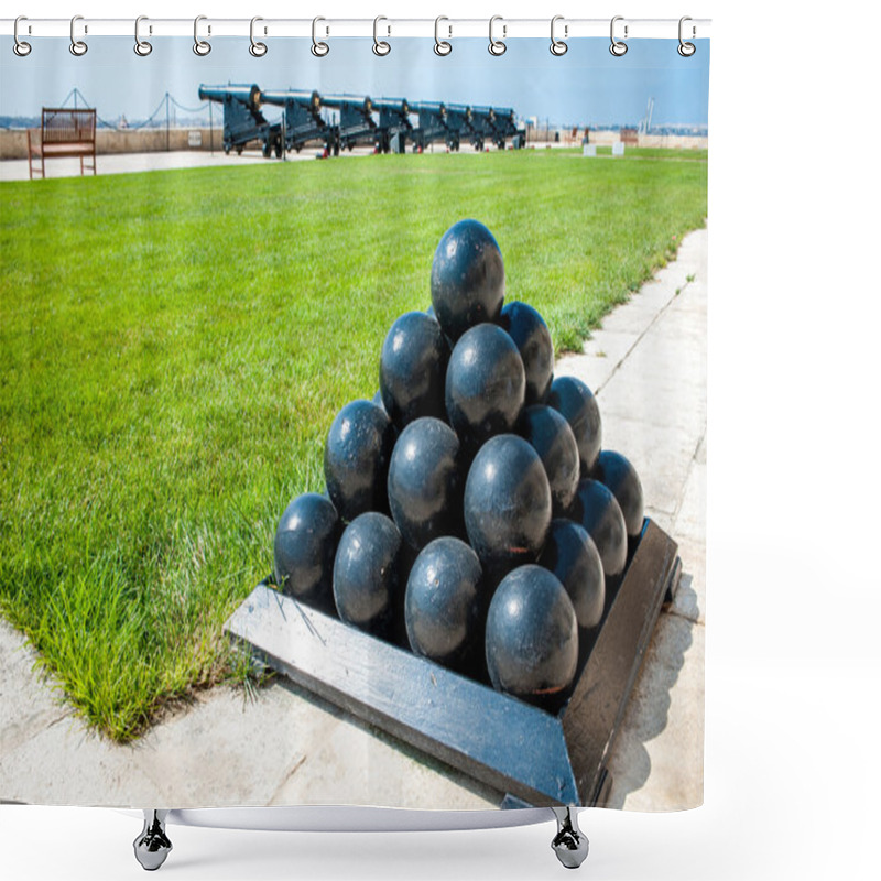 Personality  Old Cannonballs Stacked In Pyramid, In Front Of Cannons, On Valletta Castle, Malta Shower Curtains