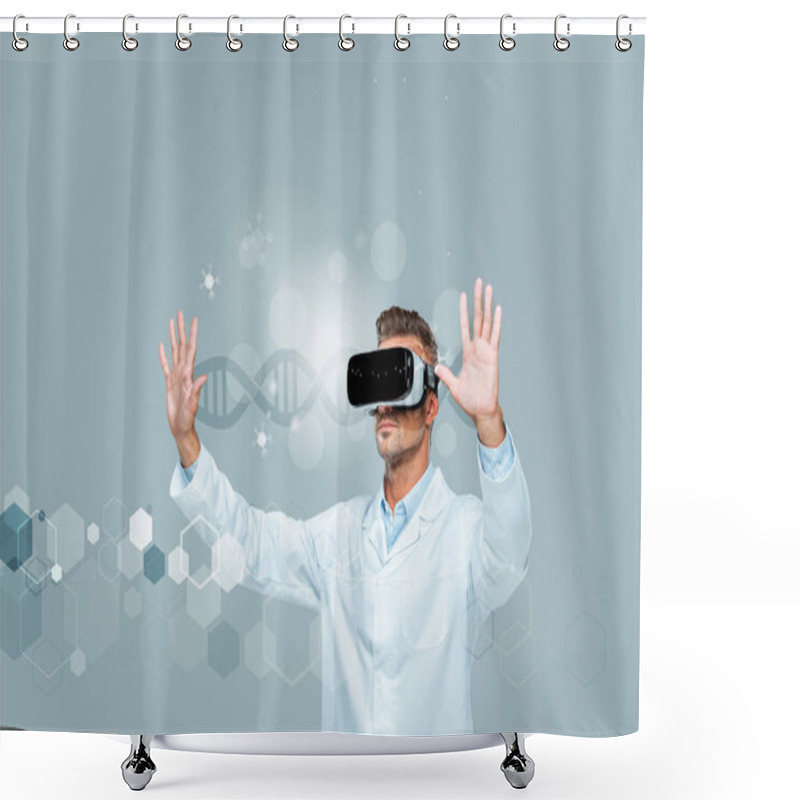 Personality  Scientist In Virtual Reality Headset Touching Dna Interface In Air Isolated On Grey, Artificial Intelligence Concept Shower Curtains