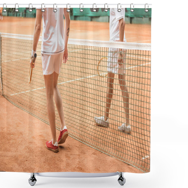 Personality  Cropped View Of Tennis Players With Wooden Rackets Walking Near Net On Court Shower Curtains