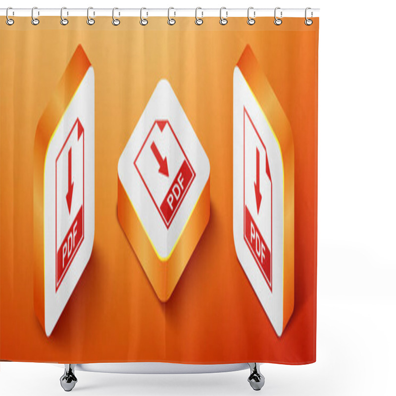 Personality  Isometric PDF File Document Icon Isolated On Orange Background. Download PDF Button Sign. Orange Square Button. Vector. Shower Curtains