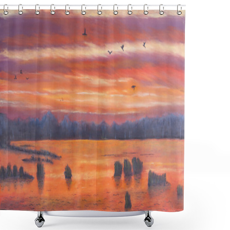 Personality  Painting Of A Sunset Over Marshland Shower Curtains