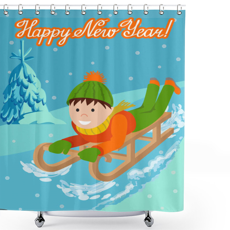 Personality  New Year Card Cute Child On Snow Sledding. Vector Illustration With Lettering Congratulation. Shower Curtains