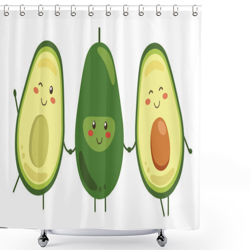 Personality  Set Of Vector Fruit Smiling Characters Holding Hands Isolated On White Background. Whole And Cut In Half Avocado With Pit. Kawaii Style. Friends Forever Shower Curtains