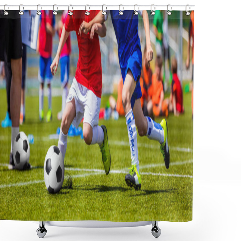 Personality  Football Soccer Match For Children. Kids Playing Soccer Game Tournament. Boys Running And Kicking Football. Youth Soccer Coach In The Background Shower Curtains