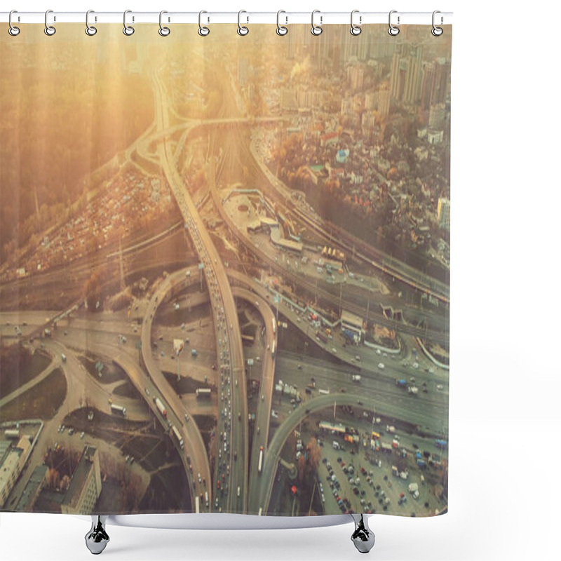 Personality  Aerial Drone Flight View Of Freeway Heavy Traffic Shower Curtains