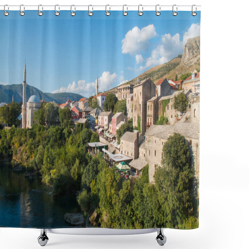 Personality  Beautiful View On Mostar City With Old Bridge, Mosque And Ancient Buildings On Neretva River In Bosnia And Herzegovina. Popular Tourist Destination Shower Curtains