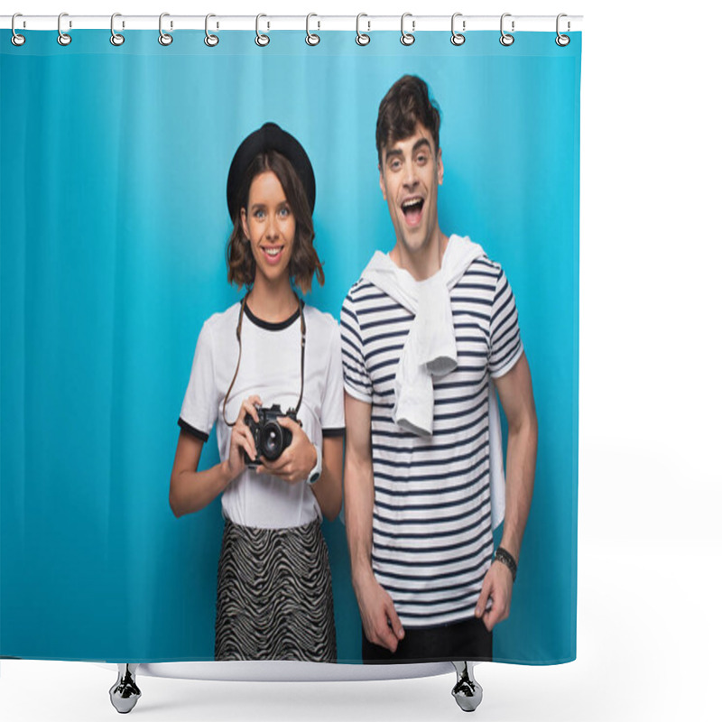 Personality  Smiling Girl With Digital Camera And Cheerful Man Looking At Camera On Blue Background Shower Curtains