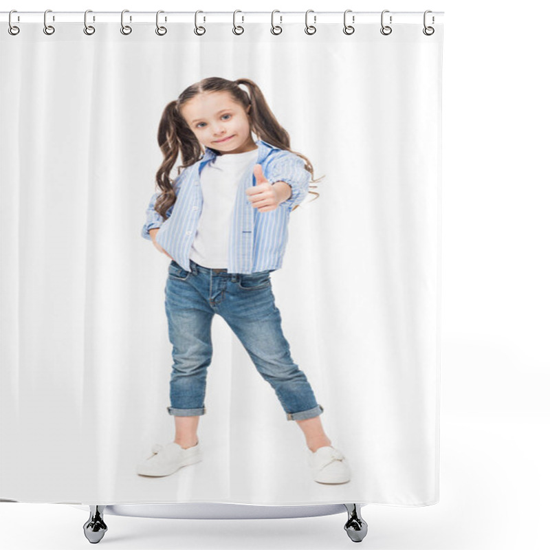 Personality  Cute Child Showing Thumb Up Isolated On White Shower Curtains