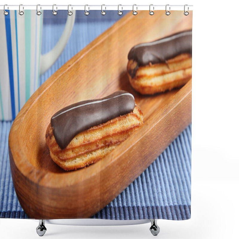 Personality  Eclairs On Blue Table Cloth Shower Curtains