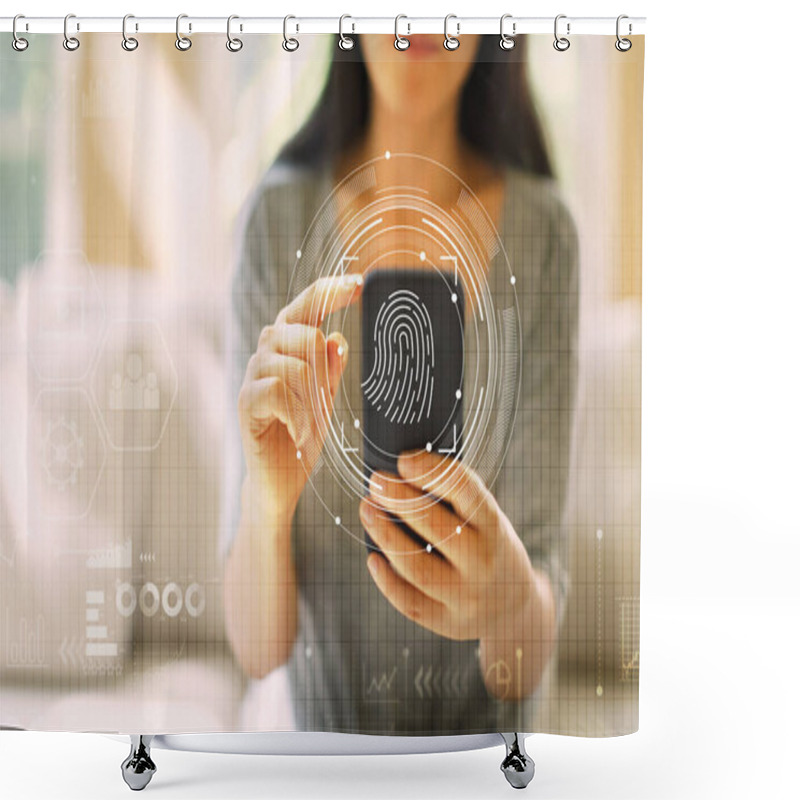 Personality  Fingerprint Scanning Technology With Woman Using A Smartphone Shower Curtains