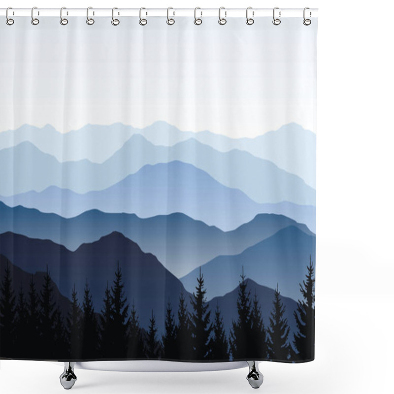 Personality  Vector Nature Landscape With Blue Silhouettes Of Mountains And Forest Shower Curtains