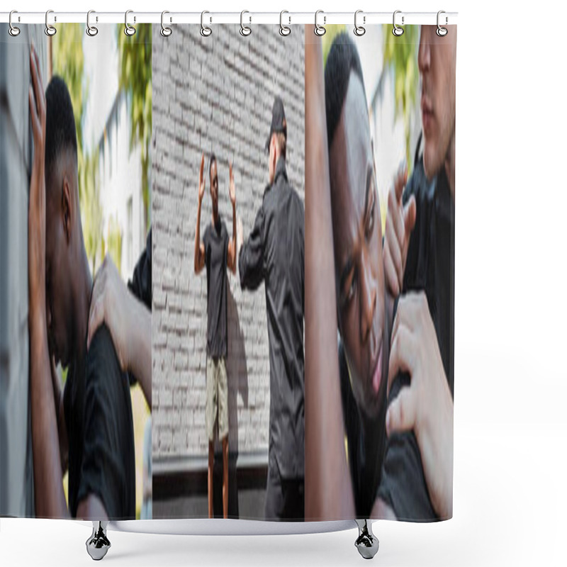 Personality  Collage Of Policeman Detaining African American Man With Raised Hands, Racism Concept  Shower Curtains