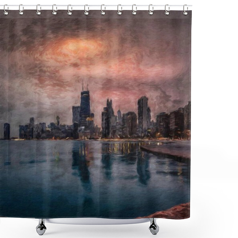 Personality  Real Painting Modern Artistic Artwork Chicago USA Drawing In Oil City Center Skyscrapers And Architecture, America Travel Downtown, Wall Art Print For Canvas Or Paper Poster, Tourism Production Design Shower Curtains