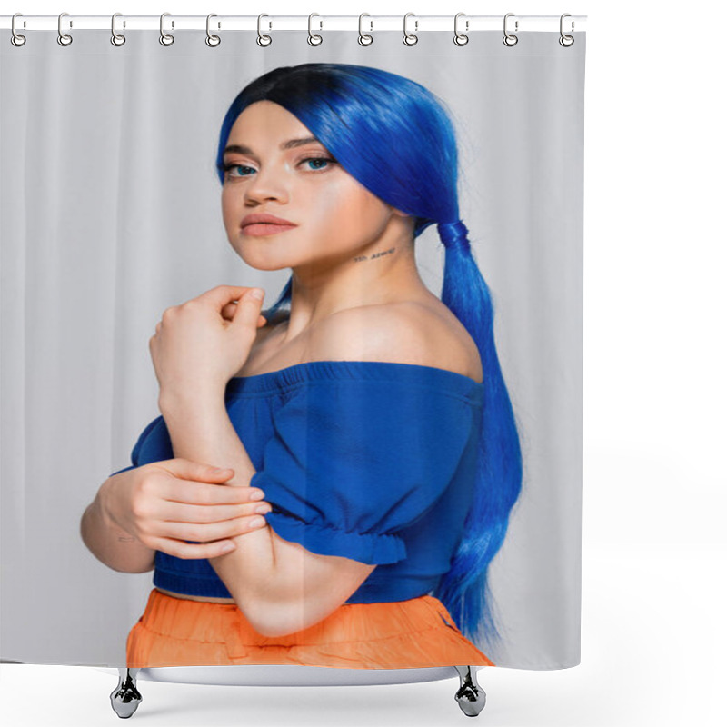 Personality  Beauty Trends, Dyed Hair, Summer Fashion, Tattooed Young Woman With Bare Shoulders Posing In Bright Blouse On Grey Background, Blue Hair Color, Hairstyle, Female Model, Makeup And Beauty  Shower Curtains