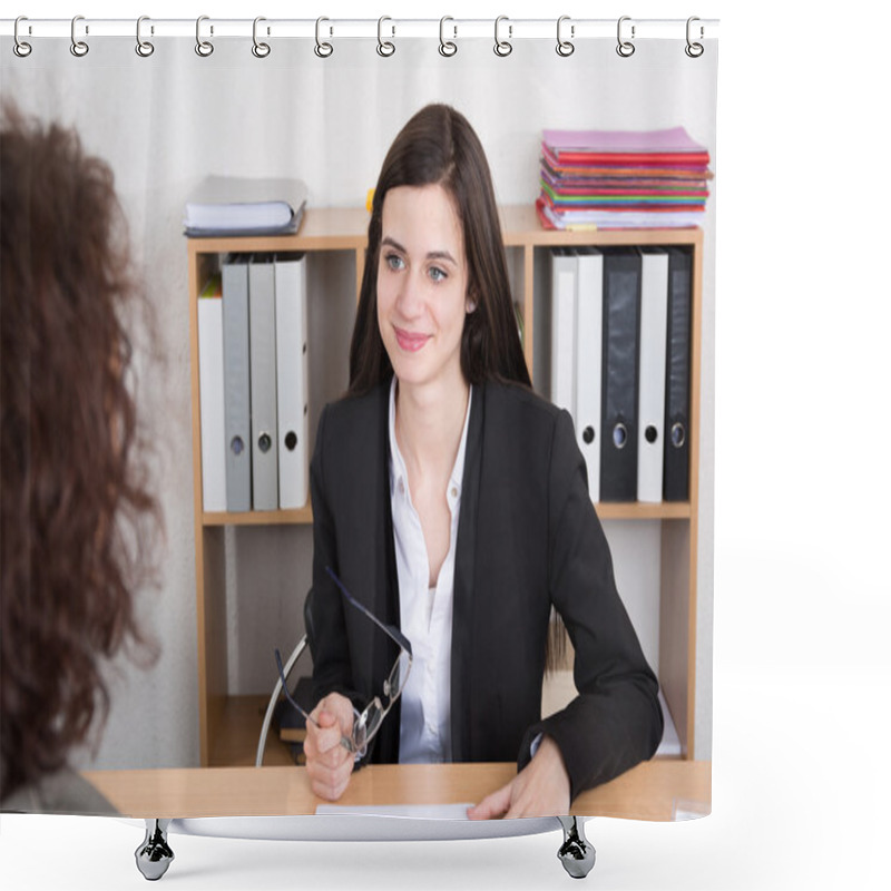 Personality  Beautiful Young Businesswoman Conducting A Job Interview Seated At Her Desk Shower Curtains