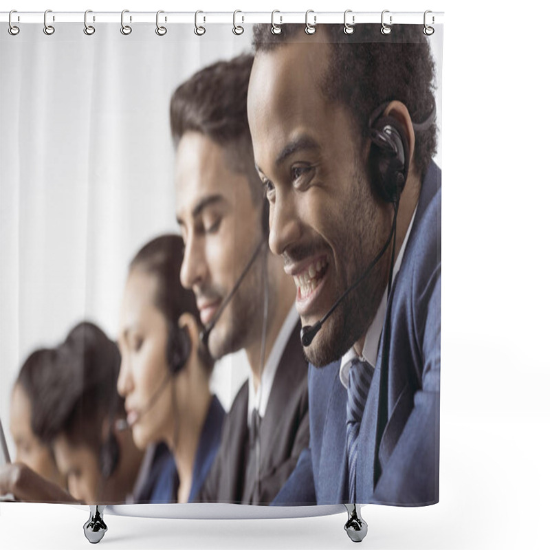 Personality  Call Center Operators In Headsets  Shower Curtains