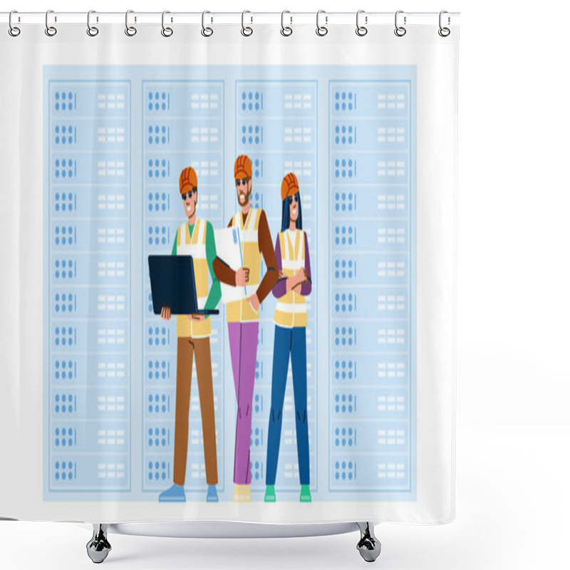 Personality  Virtualization Technical Team Data Center Vector. Backup Infrastructure, Redundancy Latency, Bandwidth Firewall Virtualization Technical Team Data Center Character. People Flat Cartoon Illustration Shower Curtains