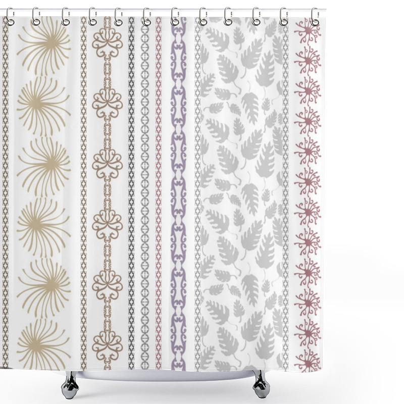 Personality  Set Of Bohemian Borders With Floral Motifs. Hand Drawn Seamless Leaves Pattern, Sun Symbol, Damask Border, Geometric Stripes.  Shower Curtains