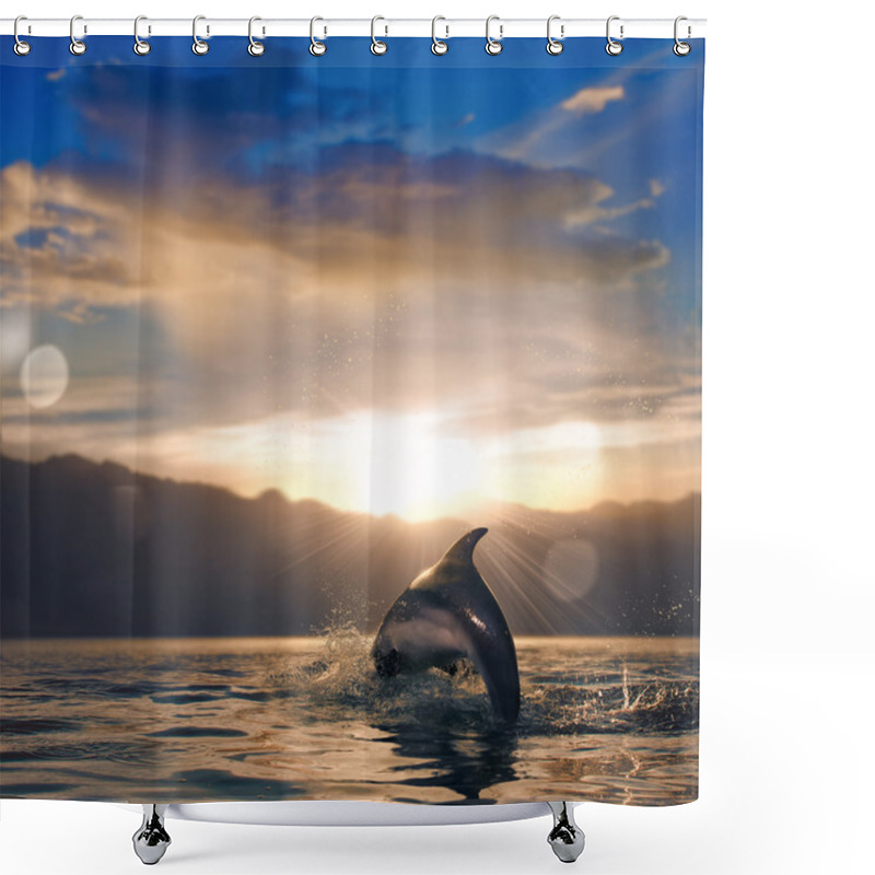 Personality  Beautiful Dolphin Leaping Out Of Sunset Sea Surface Shower Curtains