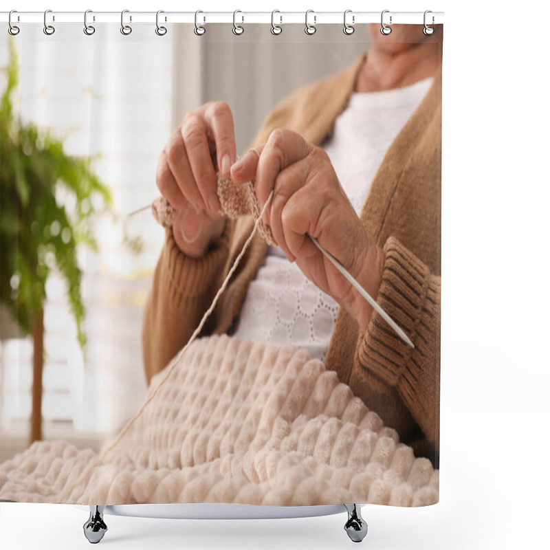 Personality  Elderly Woman Knitting At Home, Closeup. Creative Hobby Shower Curtains