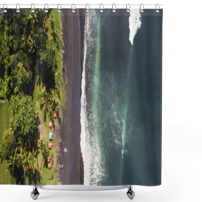 Personality  Top View Aerial Drone Photo Of Black Volcanic Sand Shore Backed By Thick Palm Trees Tropical Rainforest. Shower Curtains