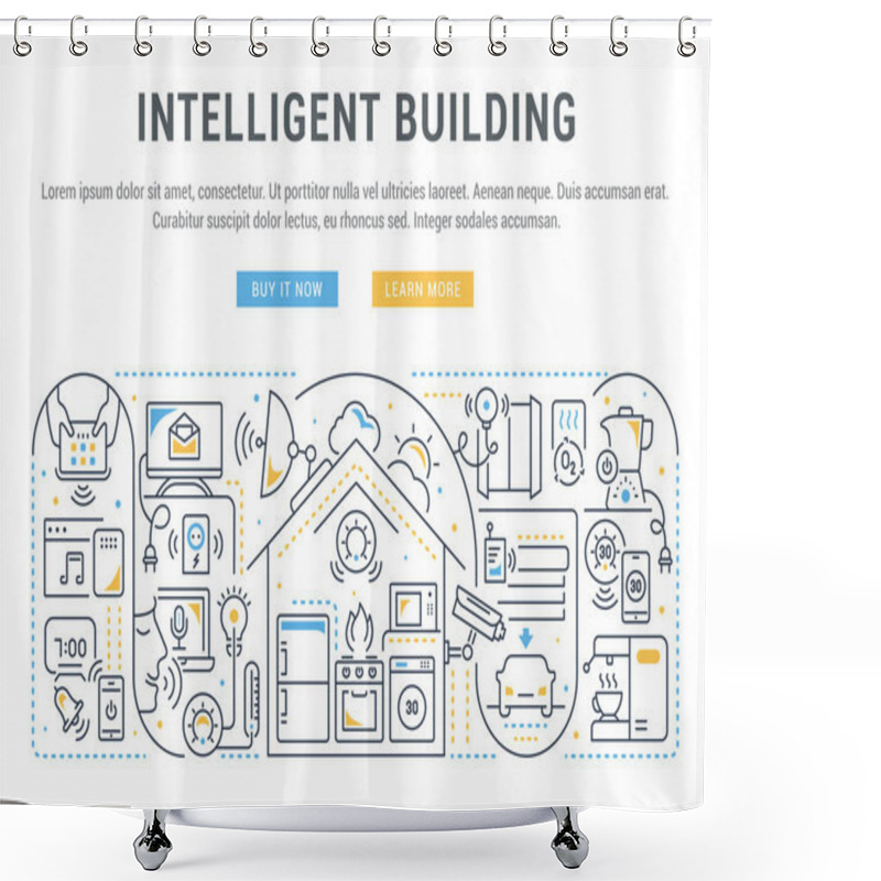 Personality  Line Banner Of Intelligent Building. Vector Illustration Of The Linear Concept Of The Smart Home. Shower Curtains