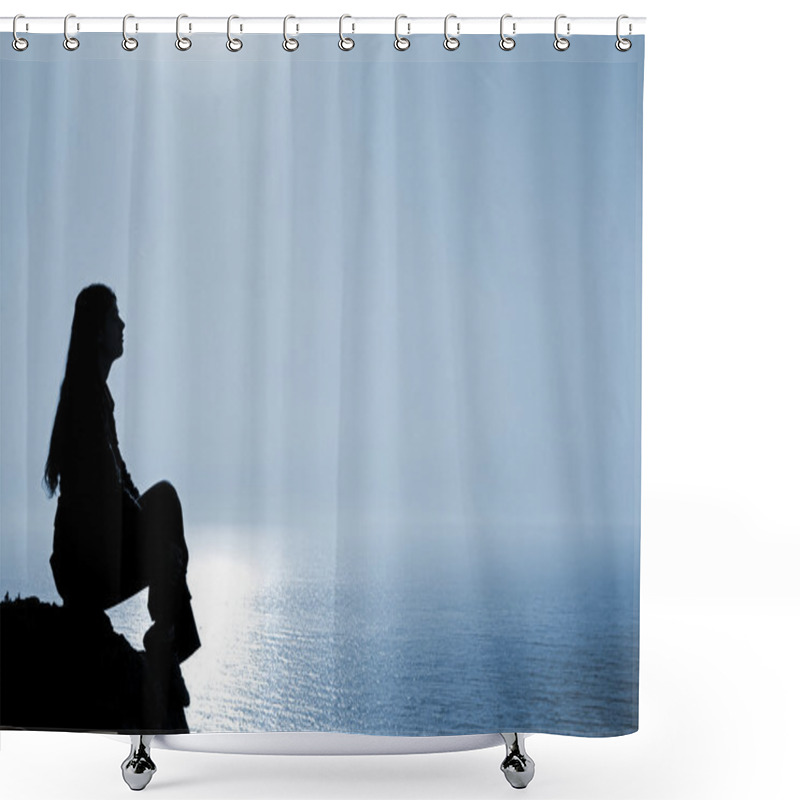 Personality  Sitting Woman Silhouette Against Deep Blue Seascape Shower Curtains