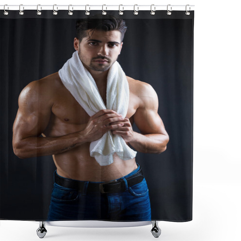 Personality  Beautiful And Muscular Man In Dark Background.  Shower Curtains