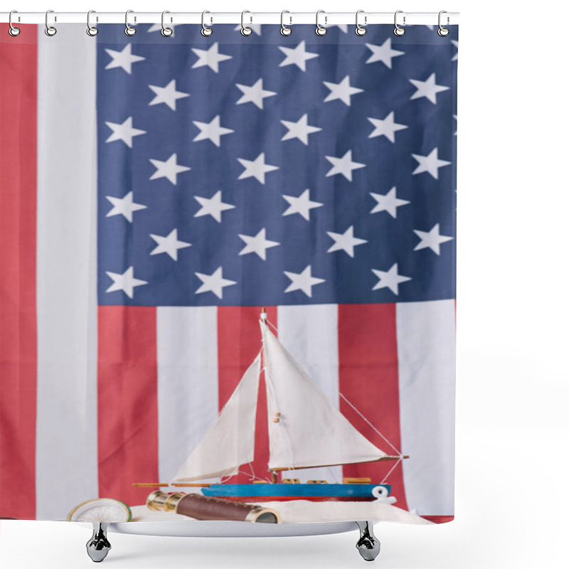 Personality  Decorative Ship In White Sand Near Compass And Telescope On American National Flag Background Shower Curtains