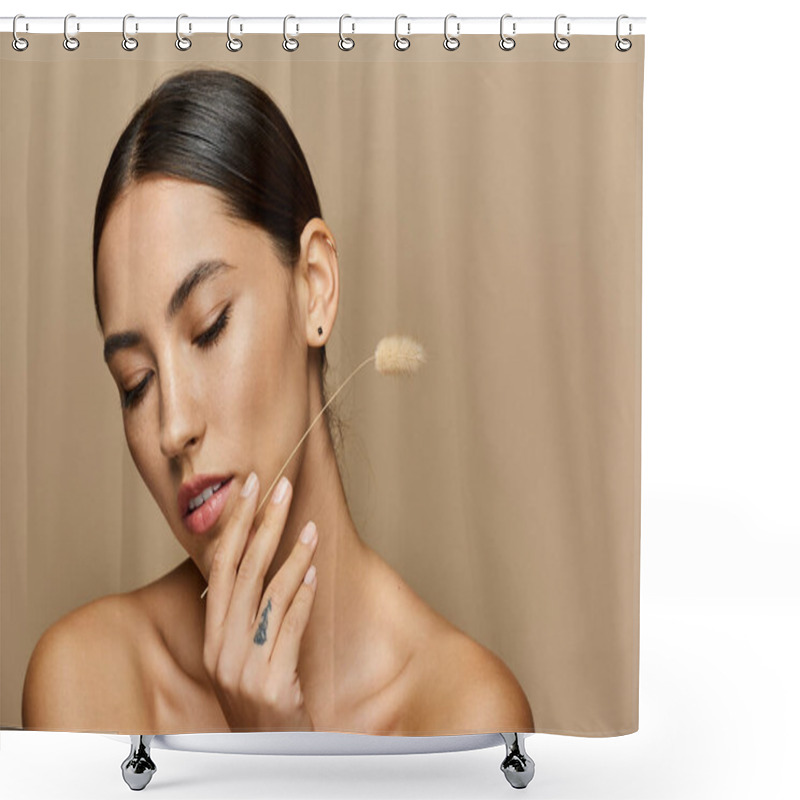 Personality  Brunette Beauty Gently Holds A Delicate Plant While Embracing A Calm Moment Of Reflection. Shower Curtains