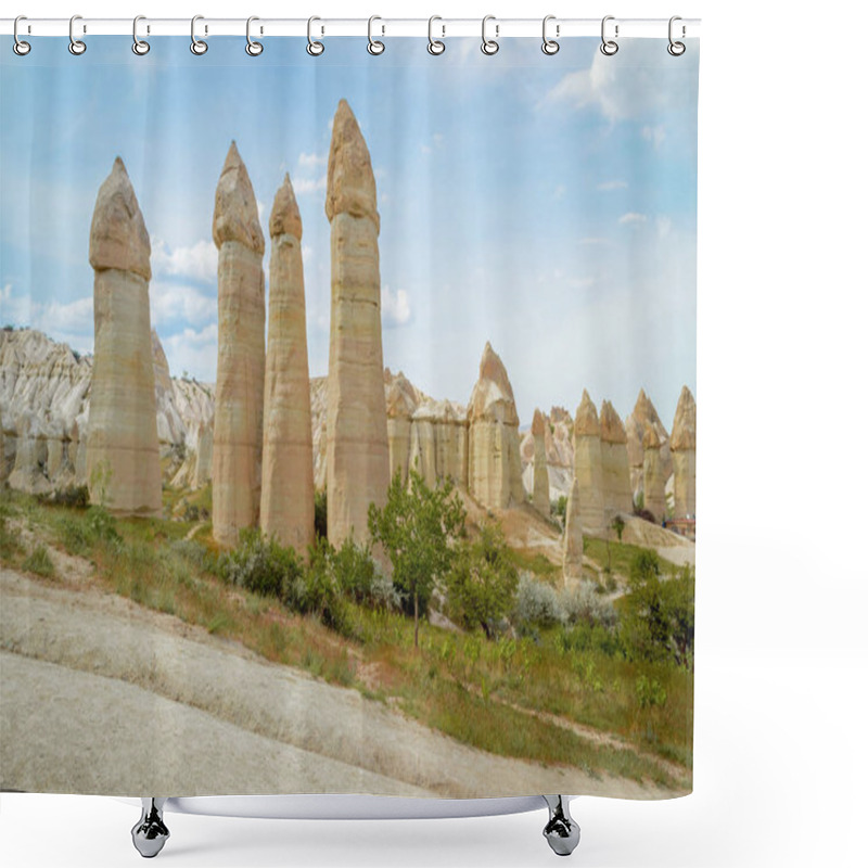 Personality  Scenic View Of Fairy Chimneys And Mountains In Valley, Cappadocia, Turkey  Shower Curtains