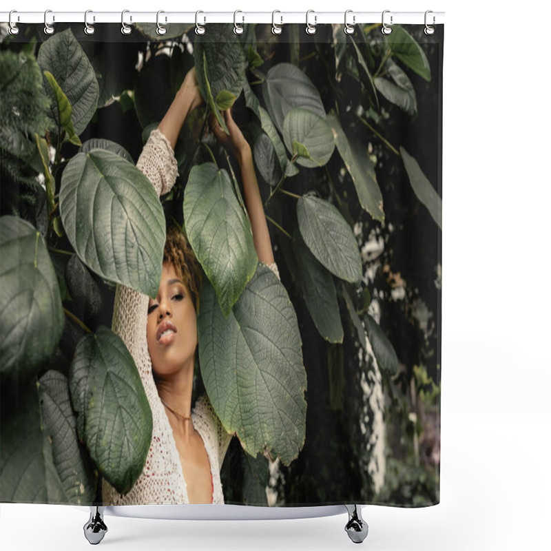 Personality  Trendy And Modern African American Woman In Summer Knitted Top Looking Away While Standing Near Green Plants In Blurred Indoor Garden, Fashion-forward Lady In Tropical Oasis Shower Curtains