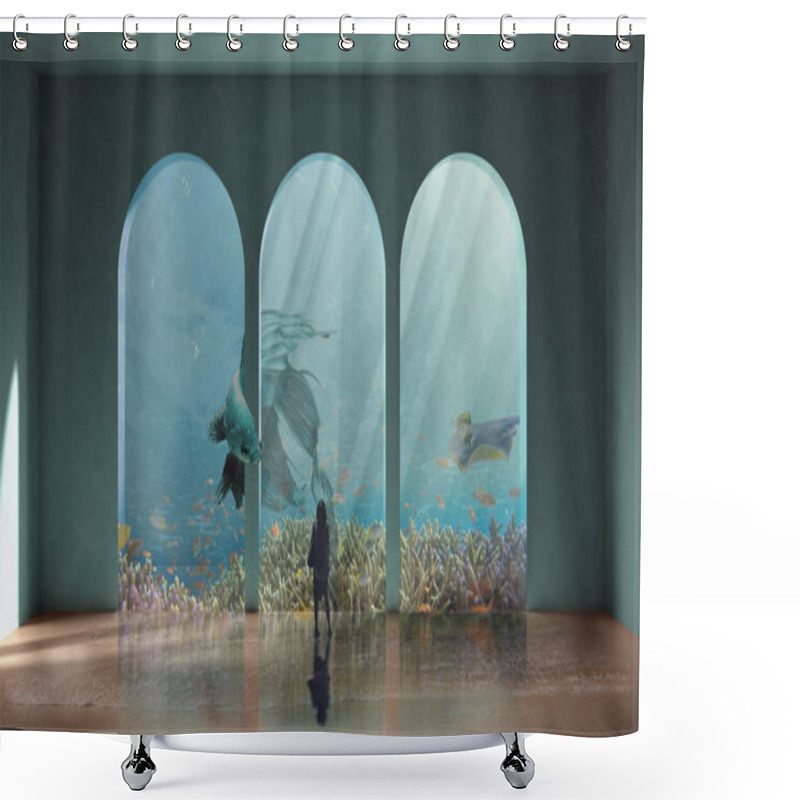 Personality  Surreal Visionary Aquarium With A Big Blue Fish Which Escapes From The Cage While A Young Woman Watches The Scene, Freedom Concept, Imaginary Art Shower Curtains