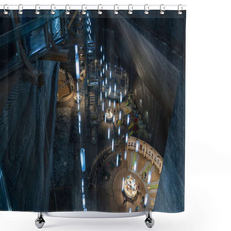 Personality  Turda, Romania, October 20, 2024: A Detailed View Of Salina Turda, Showcasing Its Illuminated Walkways, Underground Attractions, And Recreational Facilities Within The Historic Salt Mine. Shower Curtains