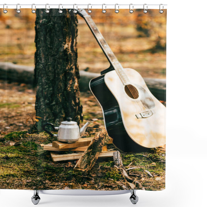 Personality  Metallic Kettle On Pile Of Firewood And Acoustic Guitar On Autumnal Background Shower Curtains