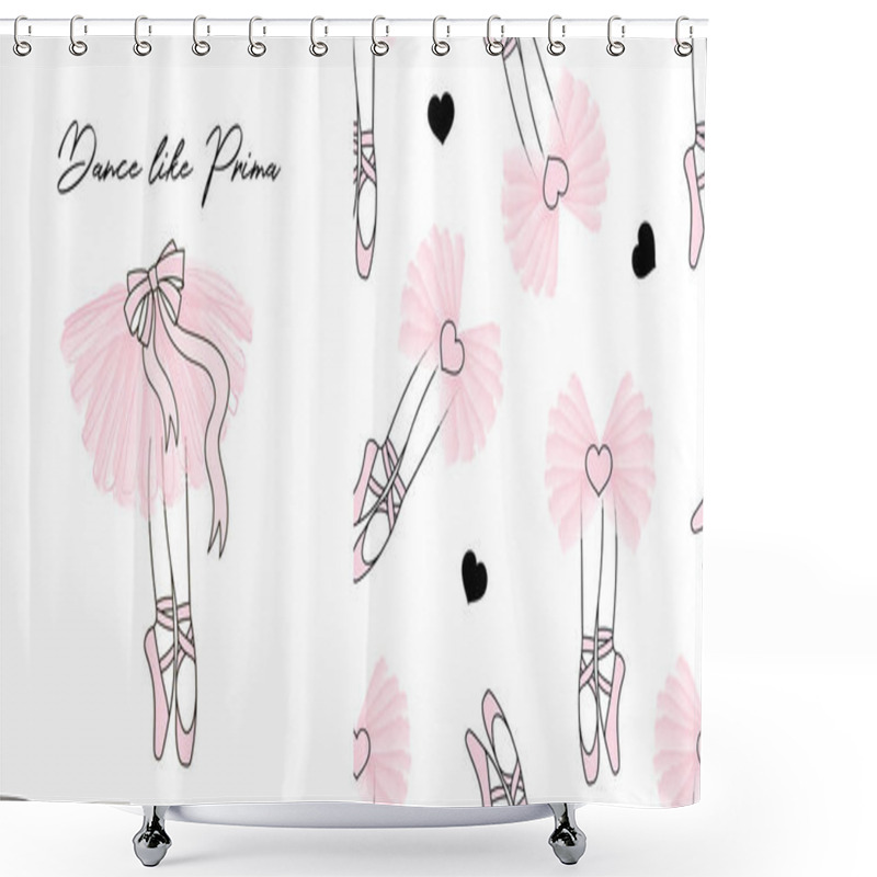 Personality  Design Set Of Print And Seamless Background With Dancing Ballerina Legs In Pointe Shoes And Pink Transparent Ballet Skirt. Shower Curtains