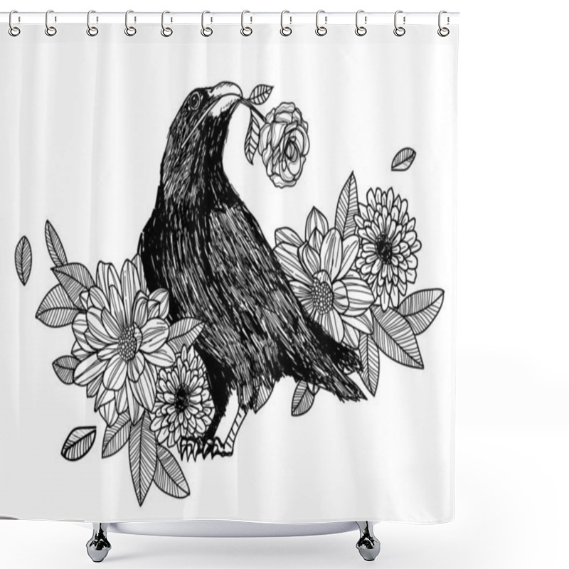 Personality  Tattoo Art Crow And Rose Hand Drawing And Sketch Black And White Shower Curtains