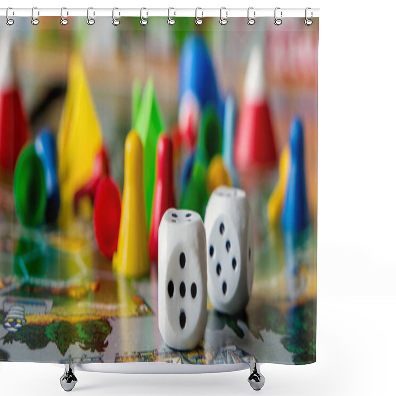 Personality  Concept Of Board Games. Dice, Chips And Cards On A Green Background  Long Banner Shower Curtains