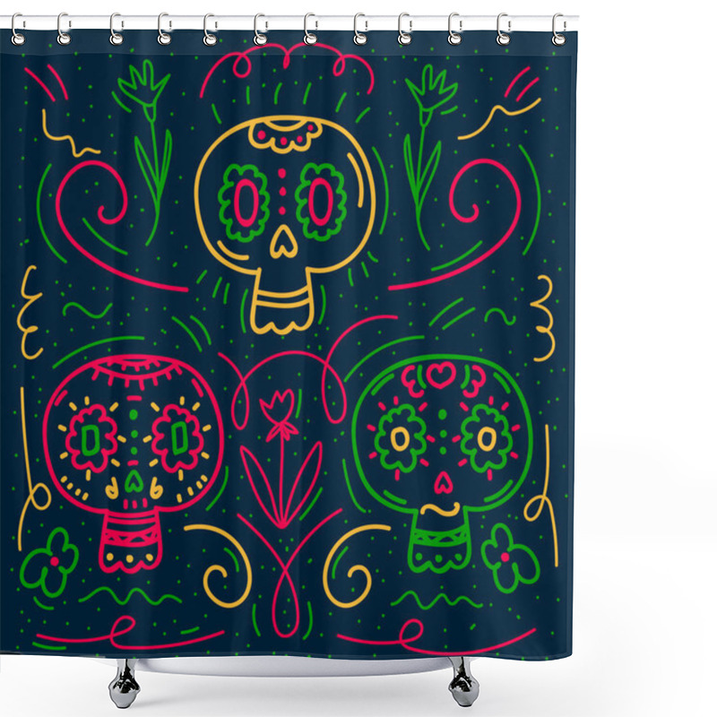 Personality  Postcard Day Of The Dead. Poster With Bones And Skulls Doodle. Childrens Cartoon Drawing. Shower Curtains