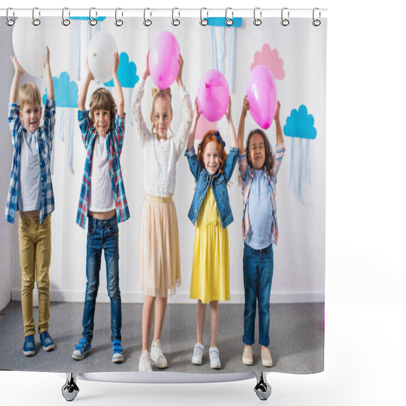 Personality  Multiethnic Kids With Balloons At Birthday Party Shower Curtains